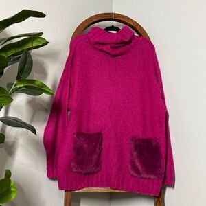 Zara SMALL Pink Oversized Ribbed Faux Fur Turtleneck Alpaca Blend Knit Sweater